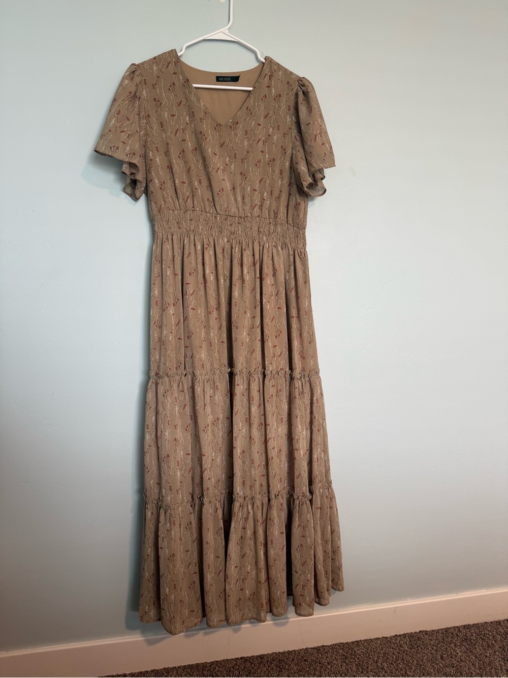 Mikarose Taupe Floral Tiered Maxi Dress